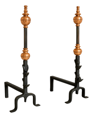 Château Andirons Monogrammed Forged Iron and Copper Finials, Set of 2