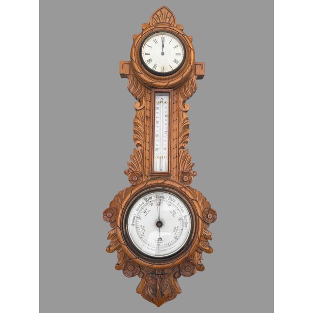 Antique Victorian Oak Wal Hanging Carved Barometer Thermometer Clock For Sale - Image 11 of 12