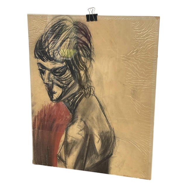 Figurative Vintage Charcoal Portrait Drawing of a Woman on Paper, Modern Figurative Artwork. For Sale - Image 3 of 10