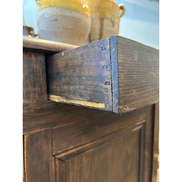 Antique Rustic Pine Two-Door Cabinet With Drawers & Scalloped Gallery For Sale In Los Angeles - Image 6 of 7