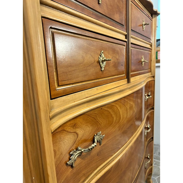 Dixie Furniture Co. cherry wood provincial style highboy seven drawer dresser. Restored with original hardware.