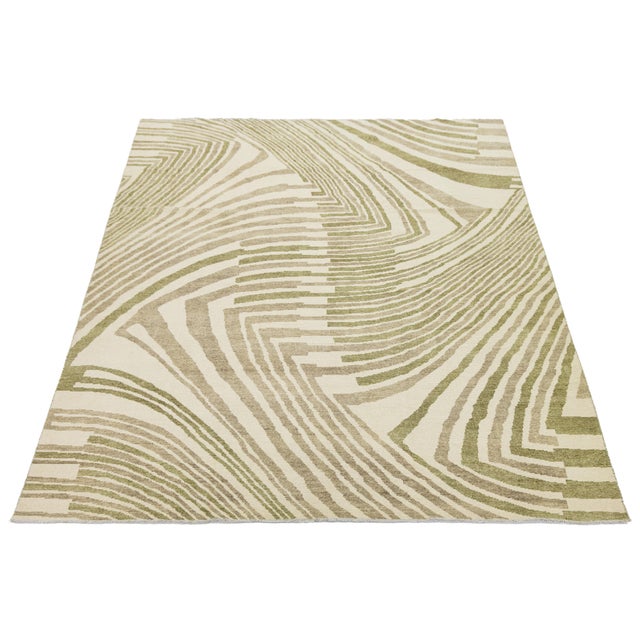 Contemporary Abstract Geometric Wool Area Rug – Olive Green & Cream Modernist For Sale - Image 9 of 12