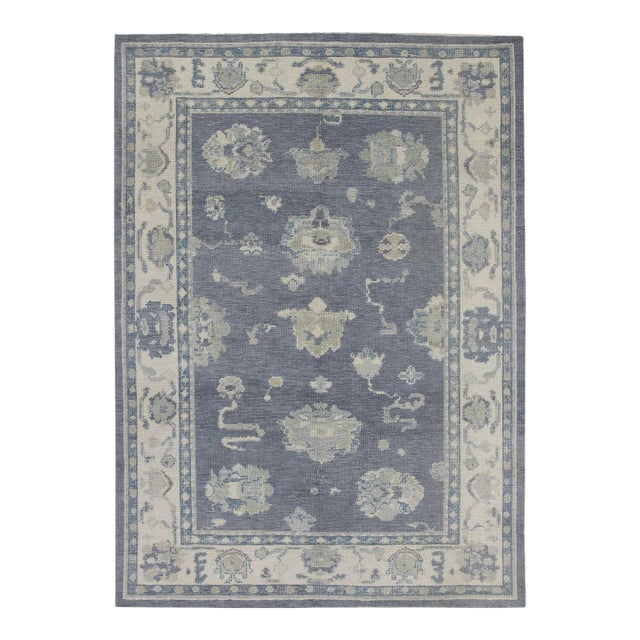Blue Handwoven Modern Turkish Oushak Rug 4'11" X 6'8" For Sale