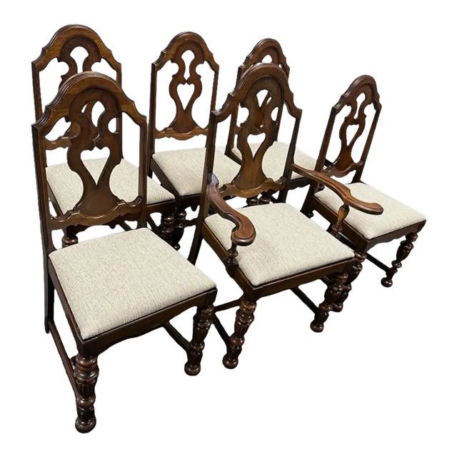 Antique Spanish Revival Elegant Solid Walnut Dining Chairs by Rockford