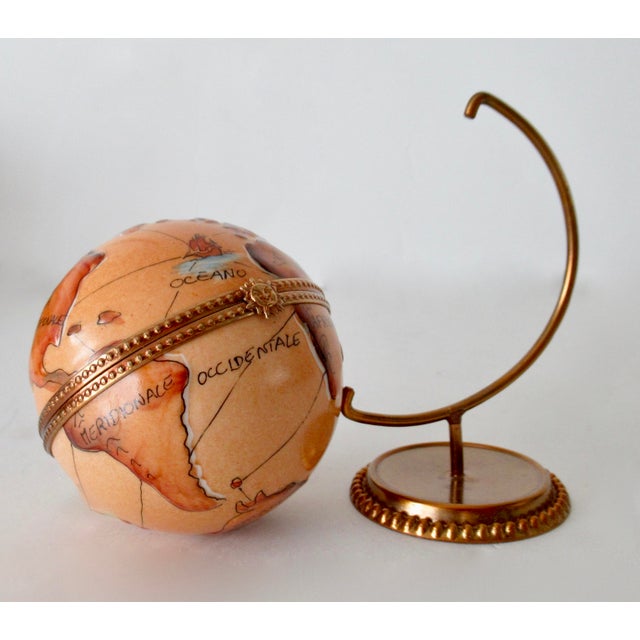Metal C .1987 Rochard Limoges, France Hand-Painted "Globe," Trinket Box on Removable Stand For Sale - Image 7 of 7