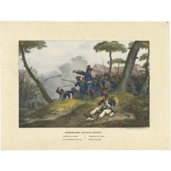 The print titled "Gefecht in den Alpen" translates to "Combat in the Alps" or "Skirmish in the Alps" and is a colored...
