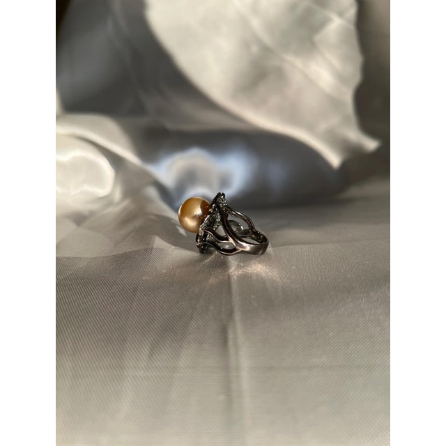 Contemporary South Sea Golden Pearl and Champagne Diamond Flower Cocktail Ring, Size 7.5 For Sale - Image 3 of 12