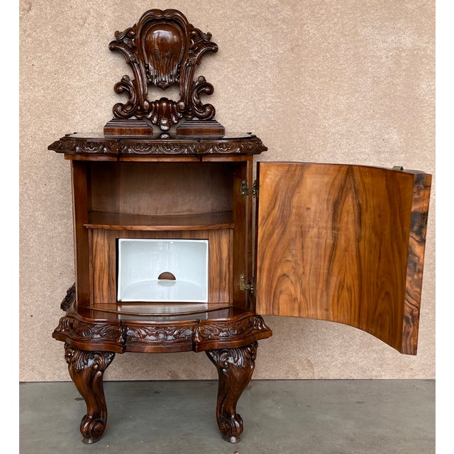 Wonderful pair of late 19th century Italian chests or commodinis made of burled walnut in the Baroque Venetian style. Each...