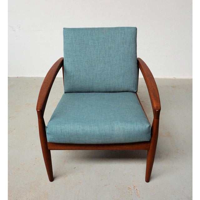 Fully restored Kai Kristiansen teak paper knife lounge chair custom repholstery. Model 121 known as the paper knife due to...