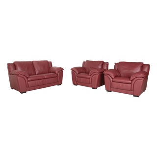 Red Leather 2-Seater Sofa and Lounge Chairs from Natuzzi, Set of 3 For Sale