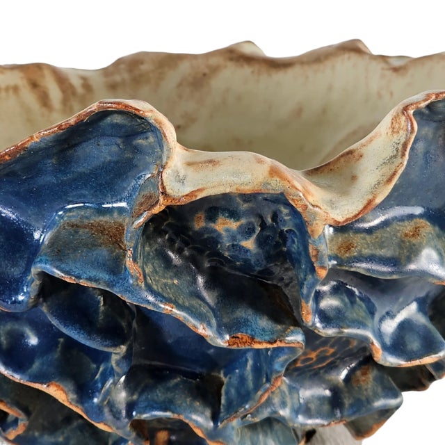 Blue Studio Art Pottery Sculptural Ruffled Bowl, Brutalist Handcrafted Ceramic 13.5" For Sale - Image 8 of 12