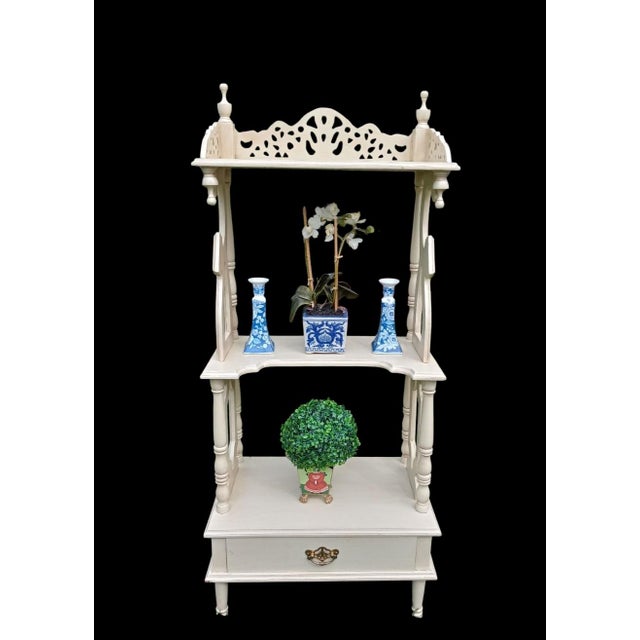 Off-white Vintage Fretwork Off White 3 Shelf 1 Drawer Decorative Shelving Unit Etagere For Sale - Image 8 of 10