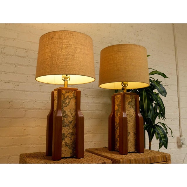 Mid 20th Century Vintage Walnut & Cork Architectural Table Lamp - Pair For Sale - Image 5 of 8