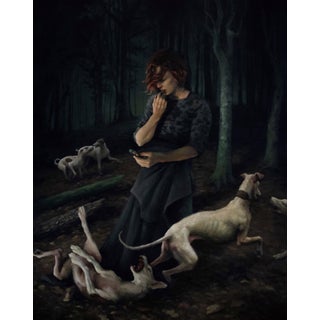 Delirium by Mary Carroll | Acrylic on panel Woman in a dark forest with dogs and a phone. For Sale