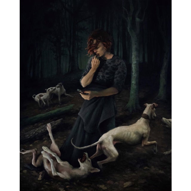 Delirium by Mary Carroll | Acrylic on panel Woman in a dark forest with dogs and a phone. For Sale