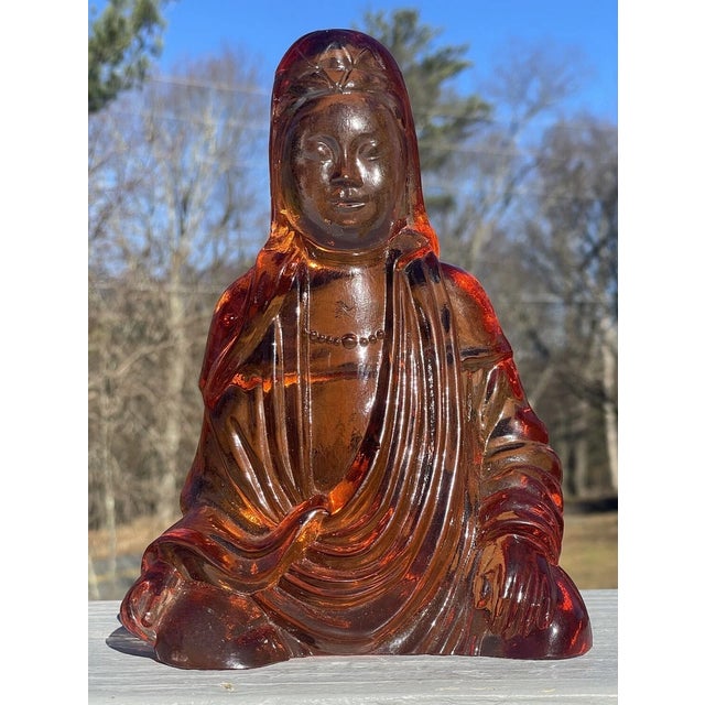 Art Deco Rare Large Cambridge Amber Glass Buddha Bookend Figurine Art Deco Antique For Sale - Image 3 of 12