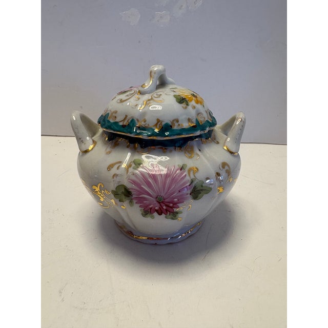 Ceramic Antique European Hand-Painted Porcelain Covered Sugar Bowl With Floral Gilt, C. 1900 For Sale - Image 7 of 9