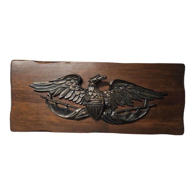 Antique Cast Iron American Eagle With Flag & Crest on Wooden Wall Mount For Sale