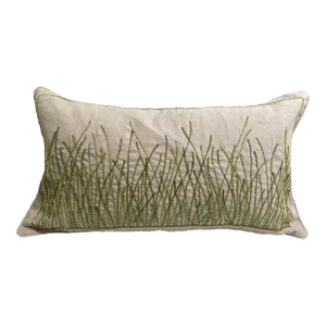 Embellished Grass Motif Linen Lumbar Pillow Cover