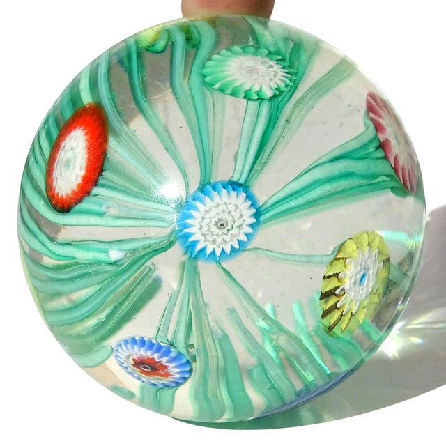 Mid 20th Century Vintage Murano Fratelli Toso Green Orange Millefiori Flower Italian Art Glass Paperweights - Set of 3 For Sale - Image 5 of 10