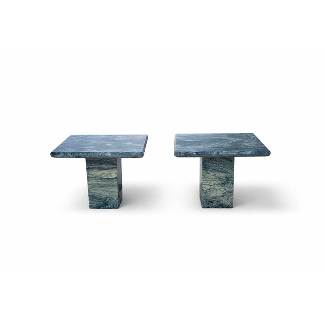 1980s Postmodern Green Figured Marble Pedestal Side Tables, Pair For Sale In Los Angeles - Image 6 of 18