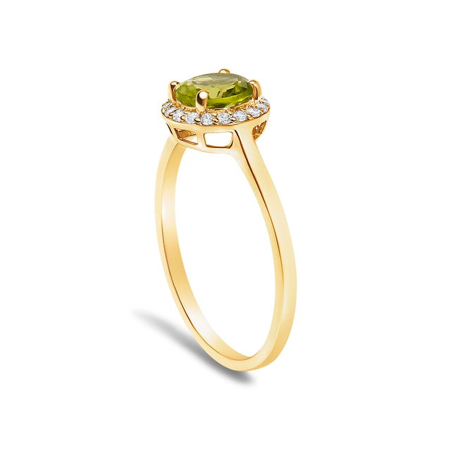 Early 21st Century 10K Yellow Gold Green Peridot and 1/10 Cttw Diamond Halo Ring, Size 6.5 For Sale - Image 5 of 7