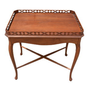 1970s Vintage Wooden Occasional Table With Carved Gallery Edge & Cross Stretcher