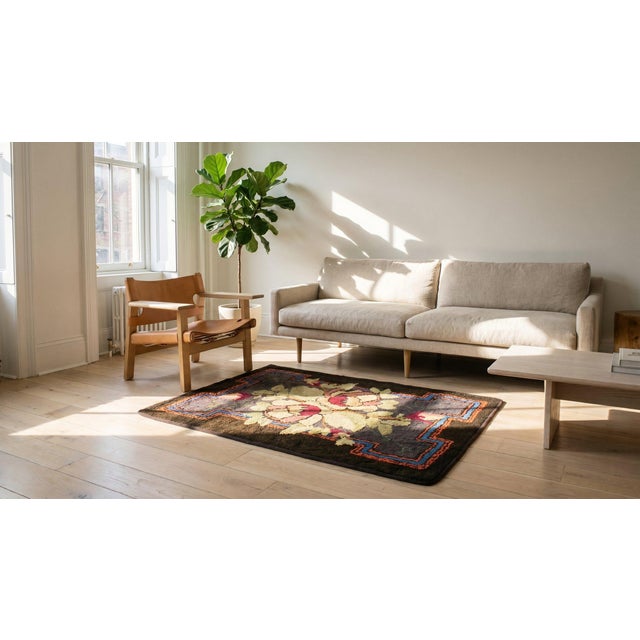 Adorable Brown Background Color Peculiar Flower Geometric Design Antique American Hooked Rug For Sale - Image 10 of 12
