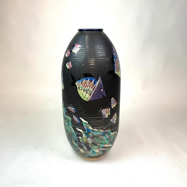 Large Studio Art Pottery Vase by Michael Alvord Remsen, Fish Motif, Signed 1998 For Sale - Image 4 of 6