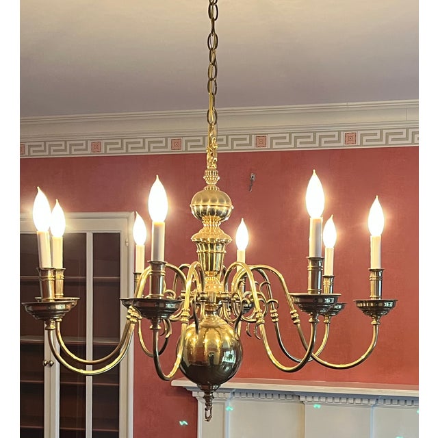 Late 20th Century Large Eight Light Brass Chandelier in the Dutch Queen Anne Style For Sale - Image 4 of 8