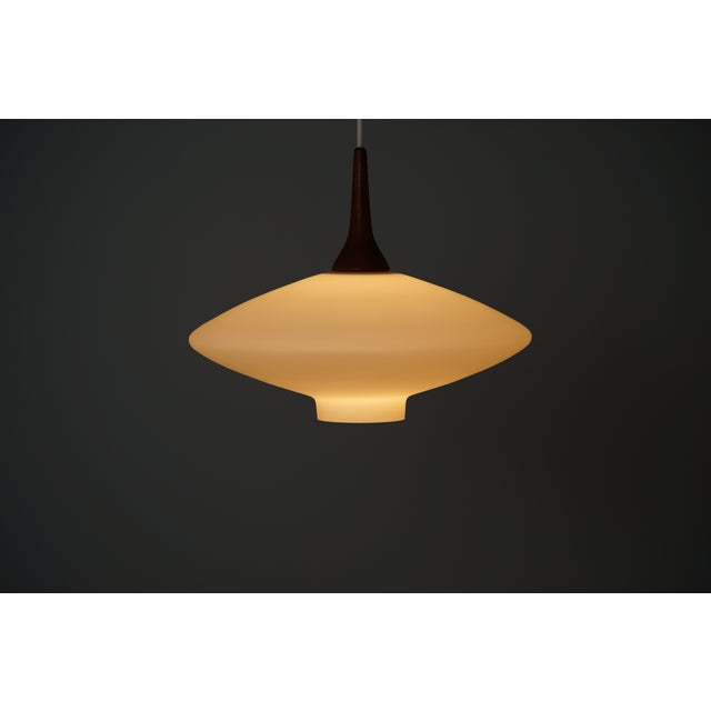 Mid-Century Modern Danish UFO Lamp in Opal Glass and Teak, 1960s For Sale - Image 4 of 15