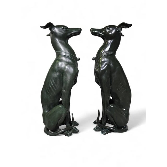 Metal Italian Greyhound Statues in Green Patinated Bronze, 1950s, Set of 2 For Sale - Image 7 of 13