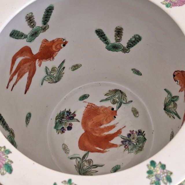 White Late 20th Century Large Rose Medallion Hand Painted Koi Fish Bowl or Planter For Sale - Image 8 of 11