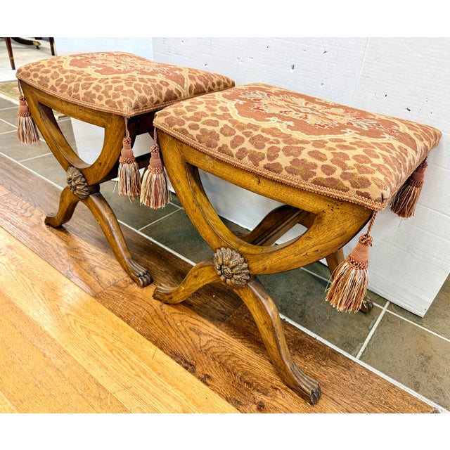 Late 20th Century Pair of Neoclassical Carved X-Base Benches Ottomans With Animal Print For Sale - Image 5 of 8