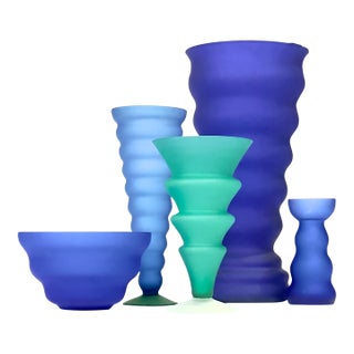 High '80s Frosted Blue & Green Ripply Glass Vase Curation - Group of 5 For Sale