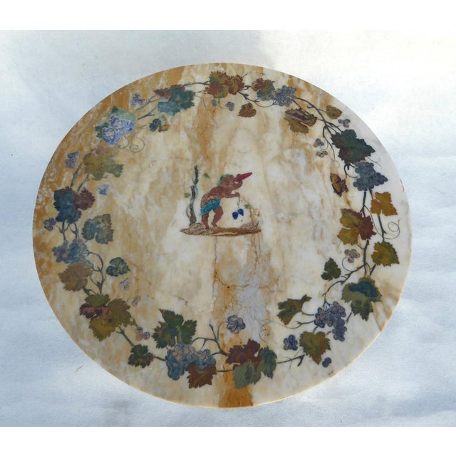 Antique French-Italian Wrought Iron Coffee Tablr witn Pietra Dura Marble Top and Pattern of Vignes and Cherub, 1890s, in...