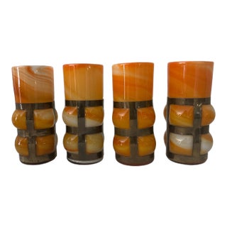 Mid Century Orange Swirled Imprisoned Glass Highballs in the Style of Felipe Derflingher - Set of 4 For Sale
