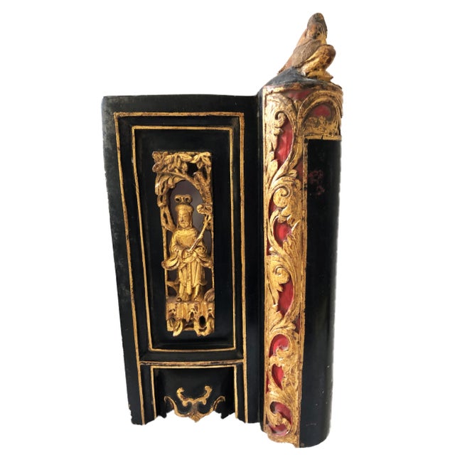 Antique rare Asian black and red Wall Hanging carved Wood door originally part of a shrine, depicting in high relief...