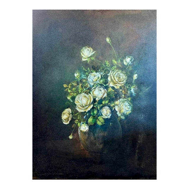 Large Early Floral Still Life Oil Painting - Yellow Roses For Sale