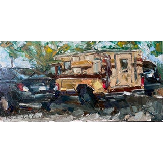 Holy Ghost and Neighbors by Clyde Steadman | Oil Painting of a parked camper and cars in a lot For Sale