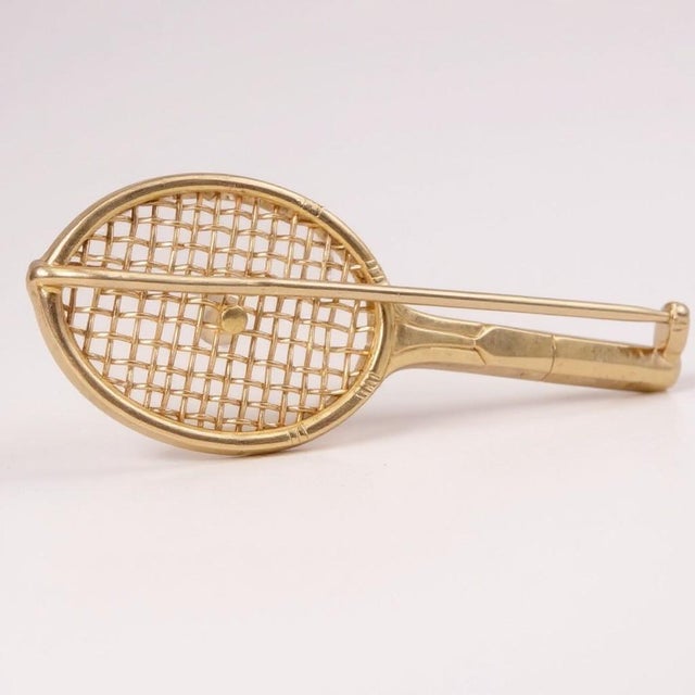 Modern Cartier 14k Yellow Gold Ladies Tennis Racket Brooch With Pearl Vintage Estate For Sale - Image 3 of 11