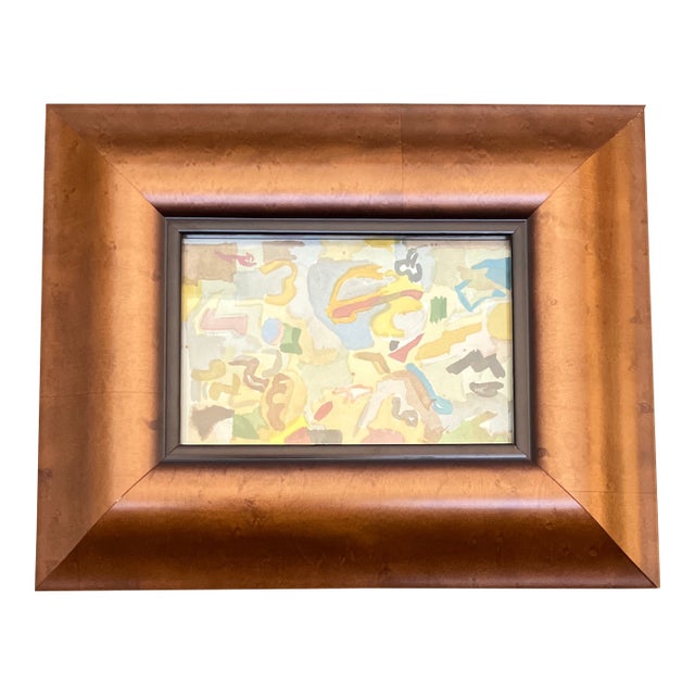 1950’s Original Small Abstract Expressionist Watercolor Painting Chunky Wood Frame For Sale