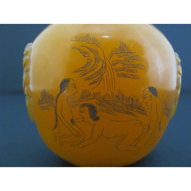 Chinese Erotic Orange Engraved Mock Mask Ring Handle Snuff Bottle For Sale In Portland, OR - Image 6 of 11