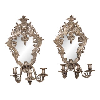 Pair of Circa 1850 Régence Style Silvered Bronze Mirrored Sconces From France For Sale