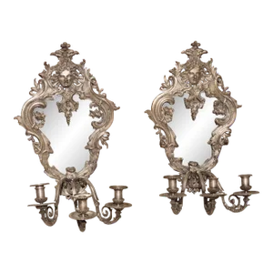 Pair of Circa 1850 Régence Style Silvered Bronze Mirrored Sconces From France