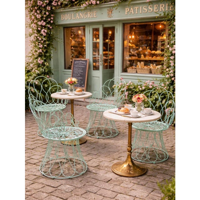 Fabulous vintage garden chairs a great set of 4 very sturdy wrought iron, design loops galore and original turquoise...