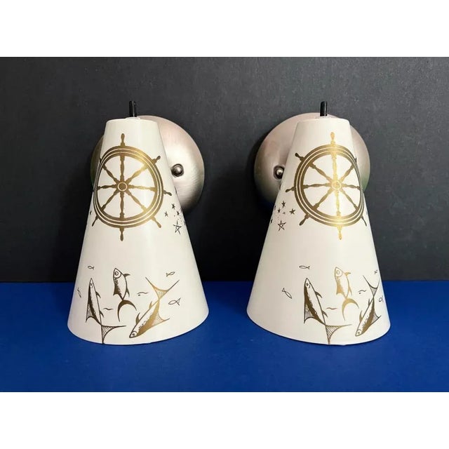 Cream Midcentury Coastal Cone Sconces - A Pair For Sale - Image 8 of 18