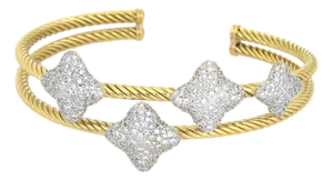 David Yurman Diamond 18k Gold Quatrefoil Motif Double Cable Band Cuff Bracelet