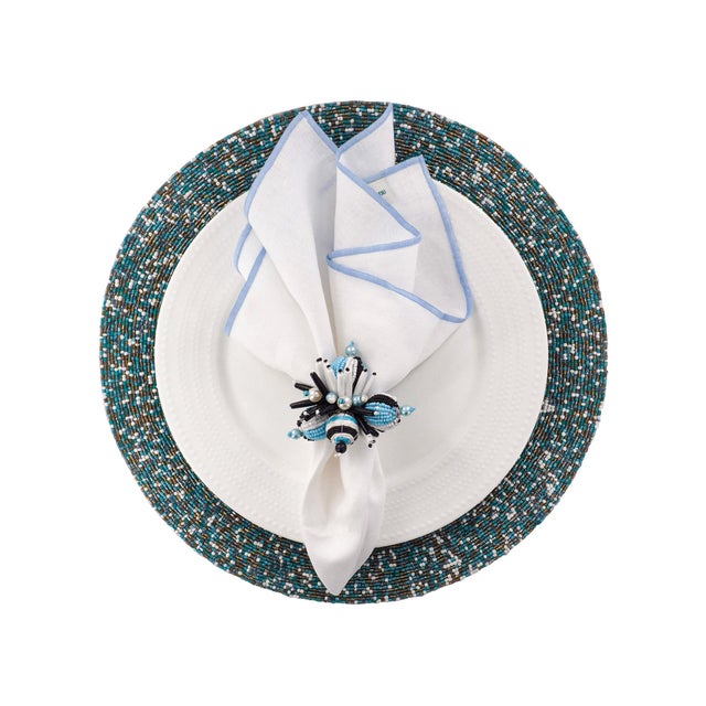 White Linen Napkins With Baby Blue Satin Stitch Edges, Set of 4 For Sale In Miami - Image 6 of 6