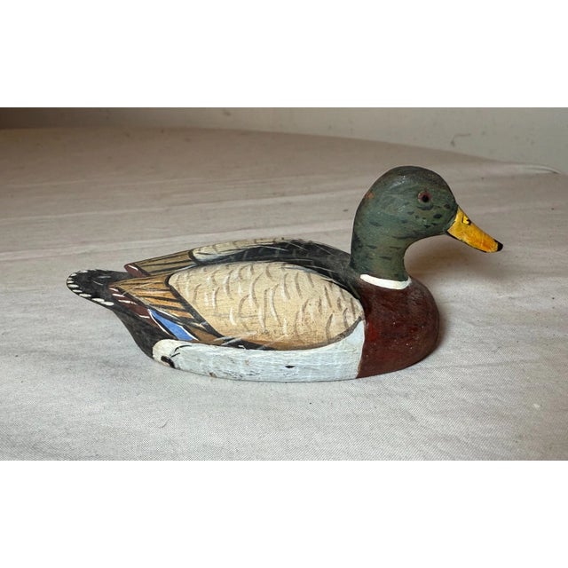 1970s Vintage Miniature Hand Carved Wood Folk Art Mallard Drake Duck Decoy Sculpture For Sale - Image 5 of 12